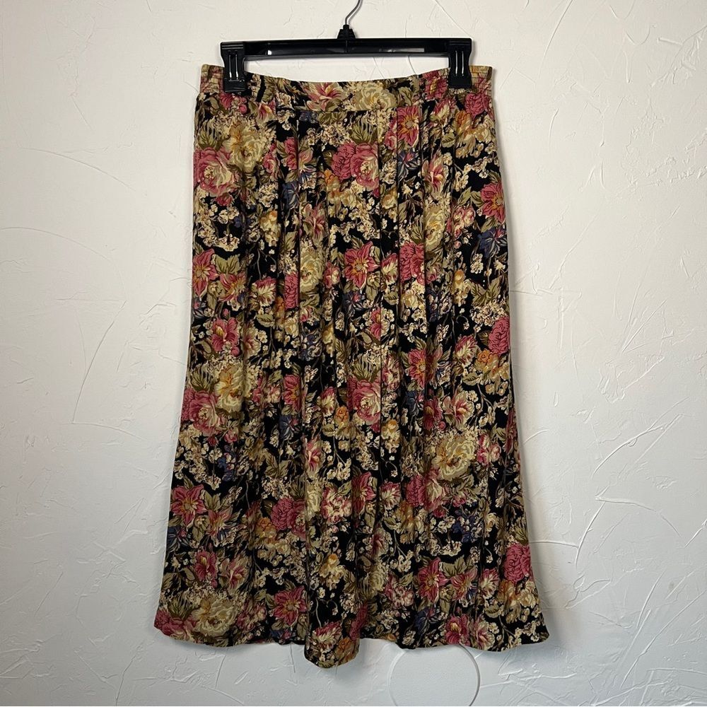 Vintage Floral Midi Skirt Black Pink Rayon Cottagecore Made USA Women's Size 12